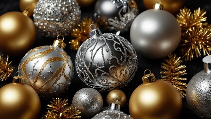Golden silver christmas deco on black