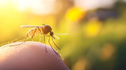 close-up of a mosquito on skin with a focused view of the hand, surrounded by a blurry background with sunlight and yellow flowers, providing a natural, detailed scene with copy space