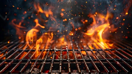 Barbecue Grill With Fire Flames - Empty Fire Grid On Black Background. 