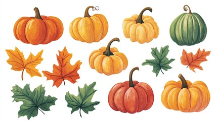 A playful set of cartoon-style pumpkins with green leaves, showcasing autumn's rich colors in a fun and festive design, great for Halloween or Thanksgiving.