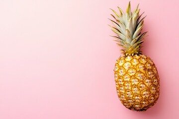Gold Pineapple on a pink background, top view, copy space. Summer background concept with generative ai
