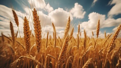 Obraz premium Golden Wheat Stalks in a Field Under a Blue Sky