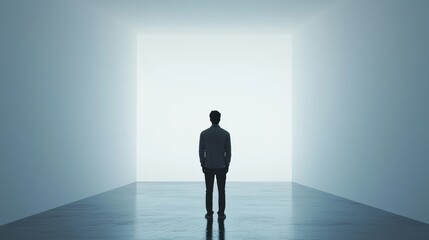 Obraz premium A person stands alone in minimalist space, gazing towards bright, open area, evoking feelings of contemplation and possibility. 