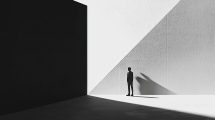 A solitary figure stands in stark, minimalist space, surrounded by contrasting shadows and light, evoking sense of contemplation and introspection. 