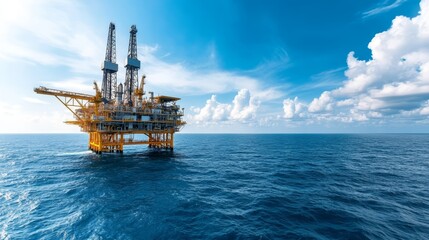 A vibrant offshore oil rig stands tall against a stunning blue sky and serene ocean, symbolizing energy and industry.
