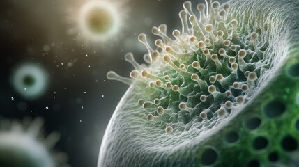 Microscopic view of a virus interacting with a cell, showcasing intricate structures and biological processes in a vivid environment.