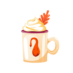 Pumpkin latte, pumpkin coffee with whipped cream. Hot autumn drink. Vector illustration.