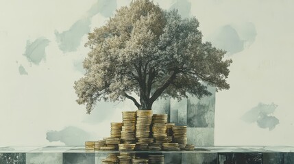 A stack of gold coins turning into a tree, symbolizing long-term financial growth.