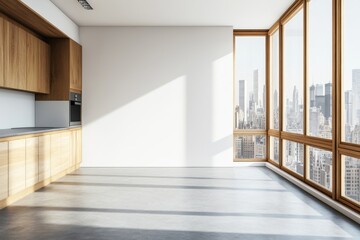 Obraz premium A modern kitchen interior with a cooking cabinet, a window, and a mockup wall