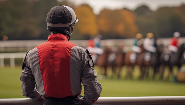 a horse jockey preparing for a race, horse racing track background
