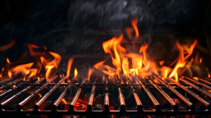 Barbecue Grill With Fire Flames - Empty Fire Grid On Black Background. 