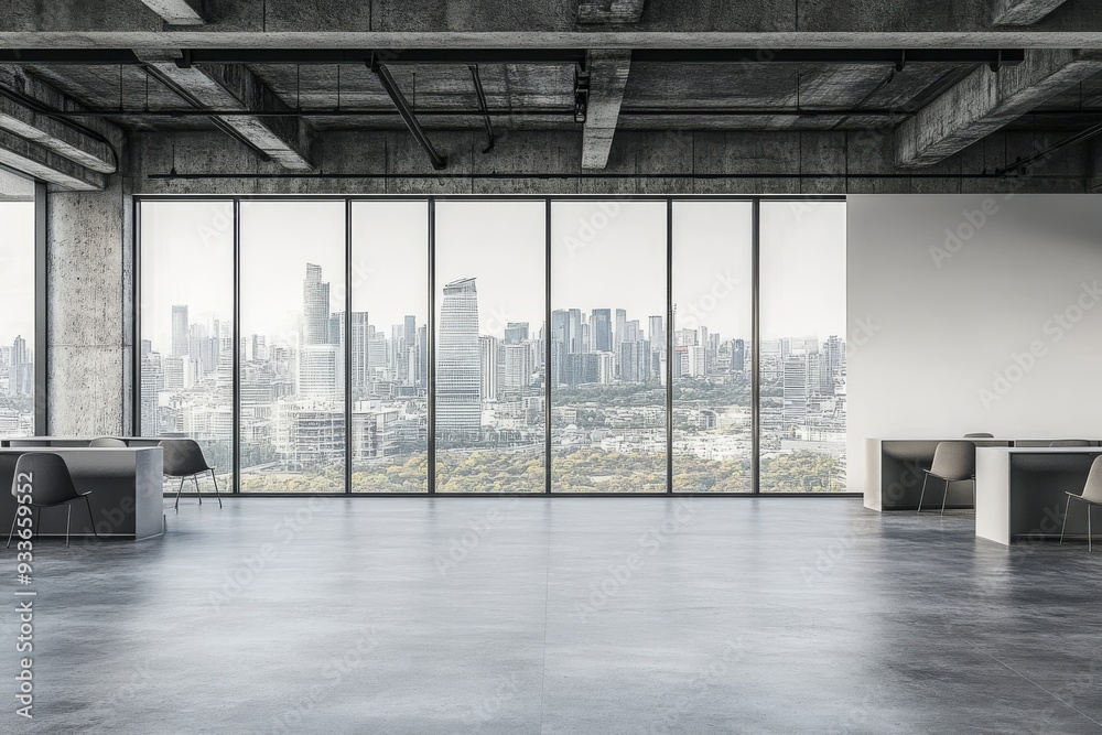 Poster a mockup of an office workplace with computer monitors in a row and a panoramic window.