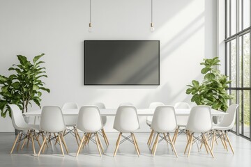 Interior of a white conference room with a table, chairs, television, and panoramic window