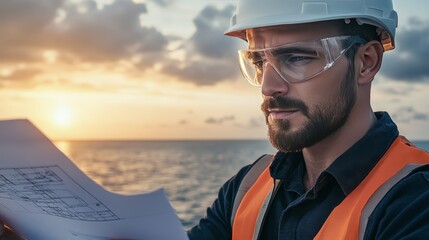 A focused engineer examines architectural plans at sunset, showcasing dedication and professionalism in construction.