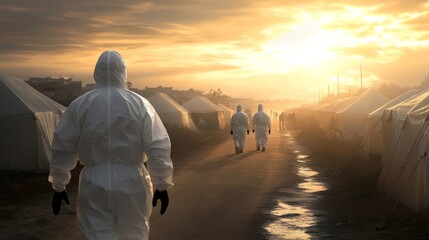 Workers in protective suits walk down a path lined with tents under a radiant sunrise, symbolizing resilience and hope.