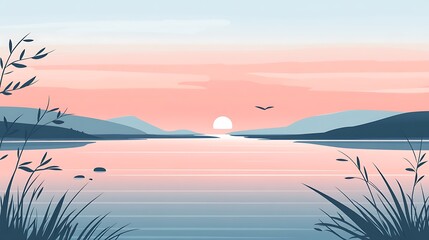Tranquil Riverbank Vector Illustration with Hand-Drawn Texture and Pink Sunset Background in Minimalistic Style