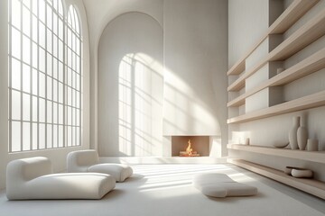 Fototapeta premium An elegant living room with minimalist furniture and wooden accents. 3D rendering