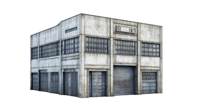 Isolated Old Factory Building on Transparent Background