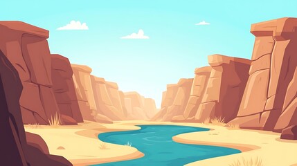 Serene Winding River Canyon Vector Illustration | Simple Flat Design with Hand-Drawn Texture | Minimalistic Landscape with Blue Sky | Soft Color Palette Artwork