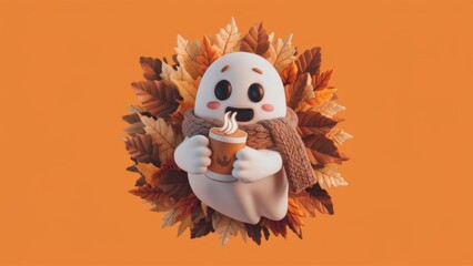 Cute Ghost in Knitted Scarf Holding Pumpkin Spice Latte with Autumn Leaves