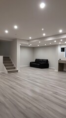 This stylish basement living room features white walls, light grey flooring, and cozy seating near the staircase leading to the main level.
