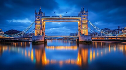 16. The Tower Bridge in London, UK, lit with royal blue and gold patterns at dusk. The iconic bridge reflects in the Thames River below. Realistic, fantasy style