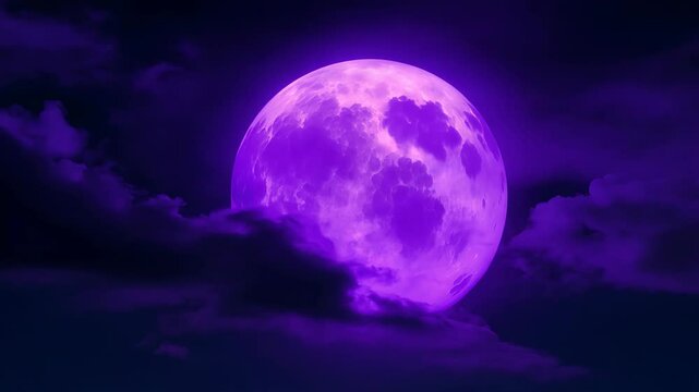 Purple full moon against the night sky surrounded by clouds