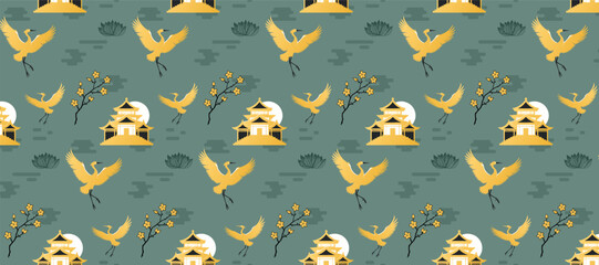 Traditional Japanese seamless pattern. Crane and sakura on a green background. Asian background ,Oriental Japanese style