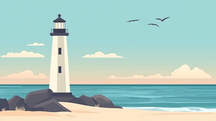 Serene Coastal Lighthouse Vector Illustration in Minimalist Flat Design with Hand-Drawn Texture and Soft Color Palette on Ocean Horizon Background