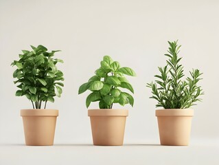 Fototapeta premium Vibrant organic herb garden with fresh potted basil, mint, and rosemary in a 3D
