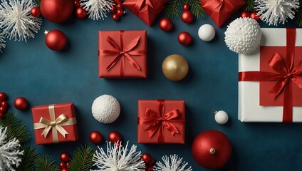 Merry Christmas and Happy Holidays greeting card, frame, banner. New Year. Noel. Christmas white and red ornaments and gifts on blue background top view. Winter xmas holiday theme. Flat lay
