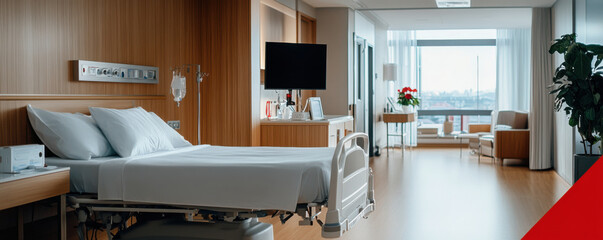 A luxurious hospital suite featuring modern amenities, a comfortable bed, and a spacious, bright environment with large windows.