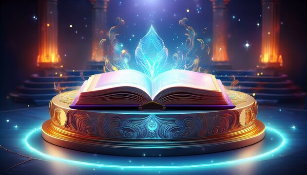 Floating Spellbook Podium- A podium that resembles an open spellbook floating in mid-air, with pages turning slowly and mystical symbols glowing
