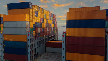 Stern cargo container ship at sunset feight import export container box concept transportation...