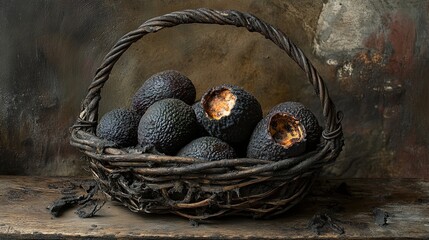 Obraz premium A basket of overripe avocados rotting on a wooden surface, illuminated by natural lighting, exuding earthy tones and depicting the natural process of decay.