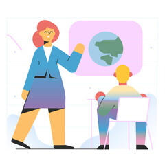 Teacher is pointing at blackboard