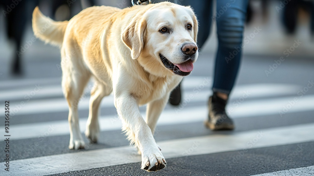 Aufkleber A visually impaired person confidently crossing a busy intersection with the guidance of a service dog by their side showcasing the independence and safety the dog provides Stock Photo with copy space