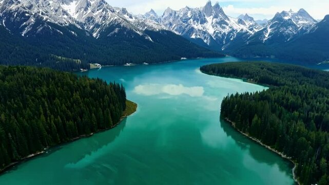 Aerial view of Kanas Lake and forest with mountain natural landscape in