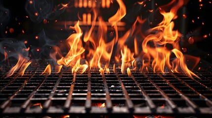 Barbecue Grill With Fire Flames - Empty Fire Grid On Black Background. 