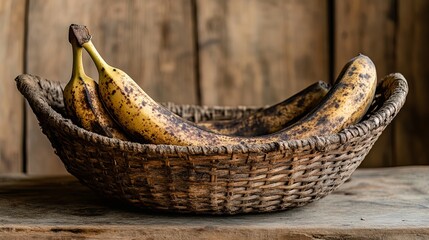 Fototapeta premium A basket of overripe bananas rotting on a wooden surface, capturing earthy tones under natural lighting, illustrating natural decay.