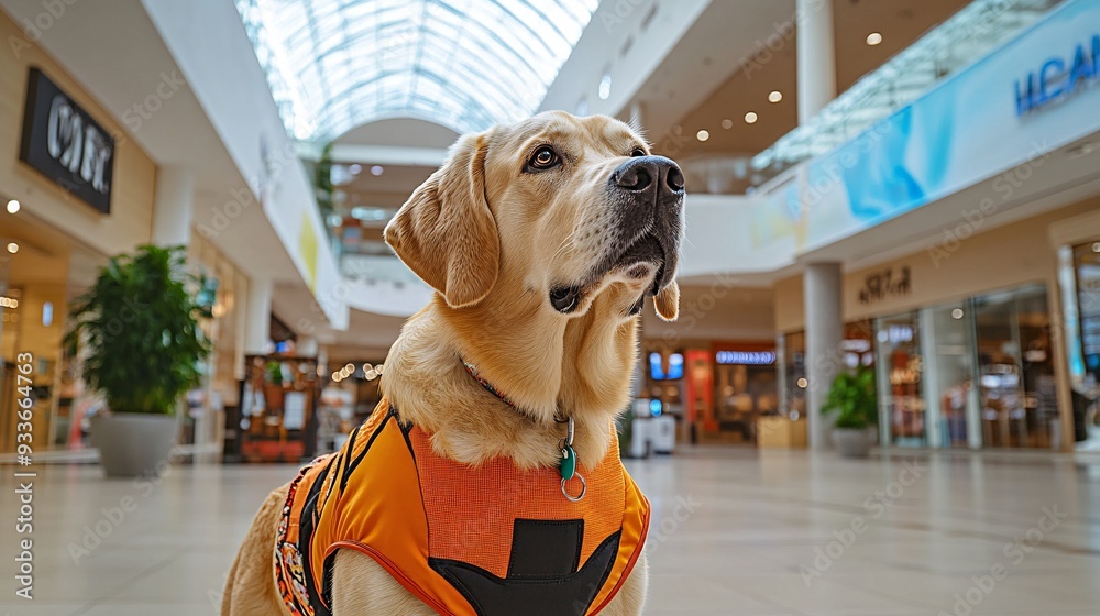Poster a visually impaired person and their guide dog navigating a crowded shopping mall showing the dogs r