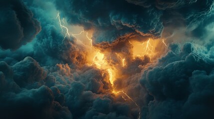 Thunderstorm Fury - Hyper-Realistic 3D Cartoon Rendering of Dark Clouds and Lightning Bolts on Abstract Background with 20mm Lens Front View