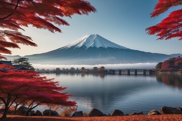 Mount Fuji with Red Autumn Leaves and a Wooden Bridge over a Foggy Lake