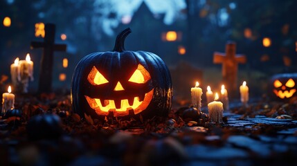 Halloween background with pumpkins, candles and cemetery. 3d render. Halloween background with Evil Pumpkin.with generative ai
