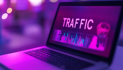 loseup screen of the laptop or notebook device, displaying the colorful website traffic metrics, graphs and analytics for the ranking of the blog on the internet or web online