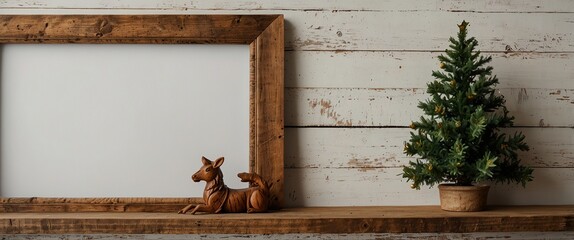  Rustic wood Christmas tree decor frame on a wooden shelf against a white wall banner background with copy space