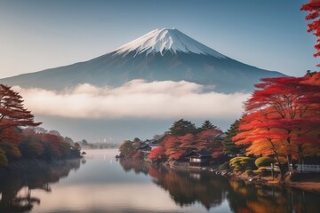 Majestic Mount Fuji with Autumn Colors and a Misty Lake