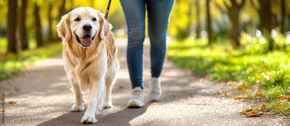 Poster a visually impaired person and their guide dog walking confidently through a park trail showing the 
