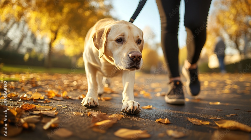 Poster a visually impaired person and their guide dog walking confidently through a park trail showing the 