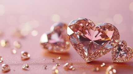 Heart-shaped shiny diamonds set in golden, sparkling jewelry against a soft pink background, highlighting the elegance and luxury of the design.